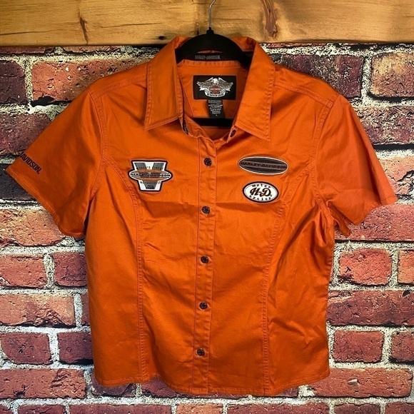 Harley Davidson Orange Women’s Short Sleeve Button Up Shirt with Logos Size M/L - Picture 3 of 15